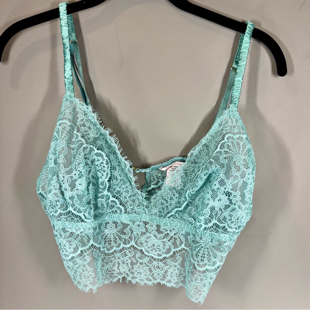 Victoria's Secret Lace Longline Bralette Size L Mint Aqua Sheet Floral Lace